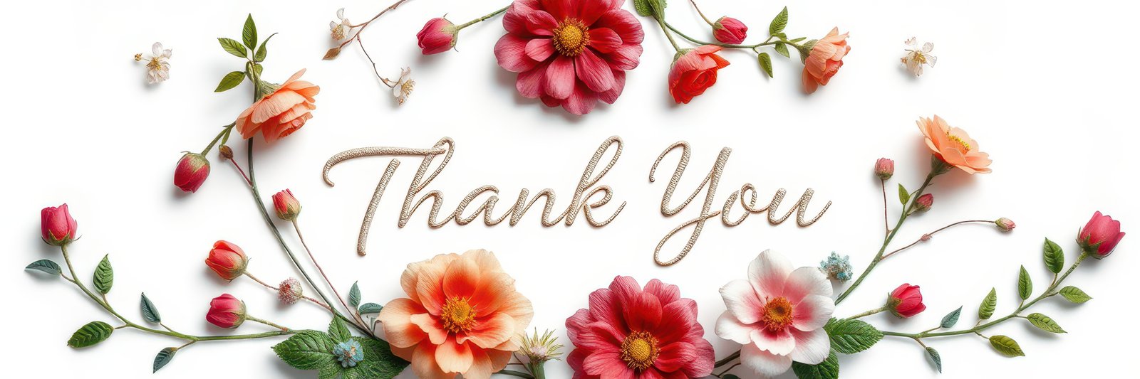 Beautiful arrangement of flowers alongside a heartfelt thank you message on a light background